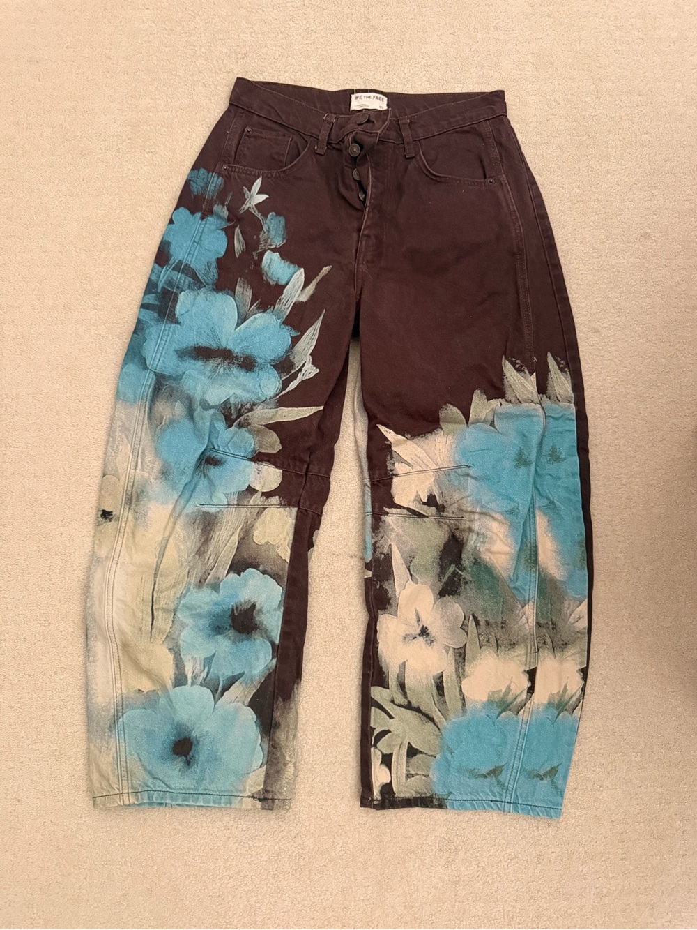 Free People Brown Jeans with Blue Floral Print